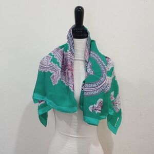 Fiorio Italy Rolled Edge Silk Scarf Green and Purple Paisley Print, Vintage!